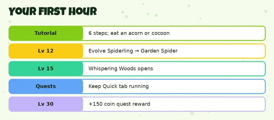 Your first hour: Tutorial 6 steps; eat an acorn or cocoon; Lv 12 Evolve Spiderling → Garden Spider; Lv 15 Whispering Woods opens; Quests Keep Quick tab running; Lv 30 +150 coin quest reward