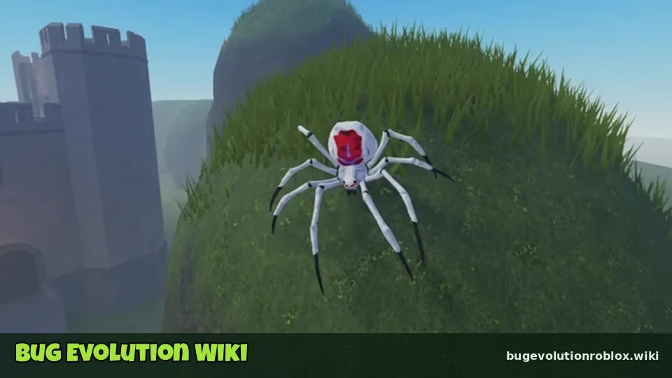 A white spider with a red back standing on a grassy hill beside a stone castle tower
