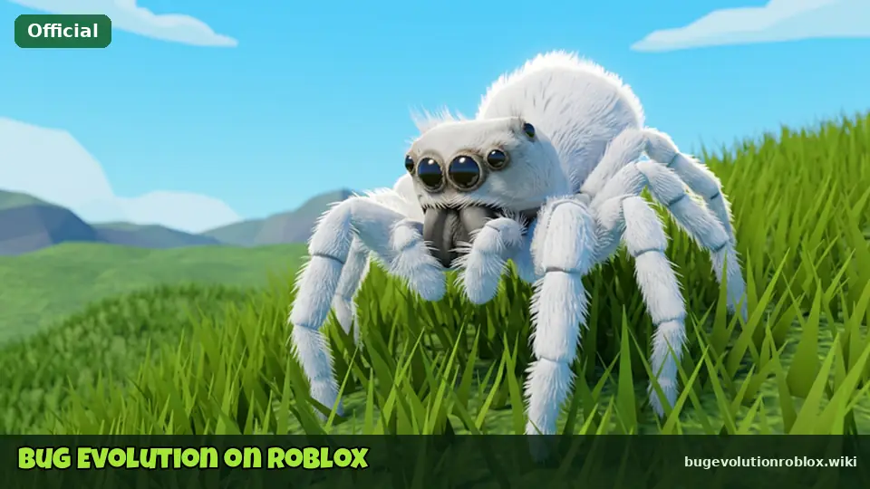Official Bug Evolution Roblox thumbnail of a fluffy white jumping spider in a green meadow