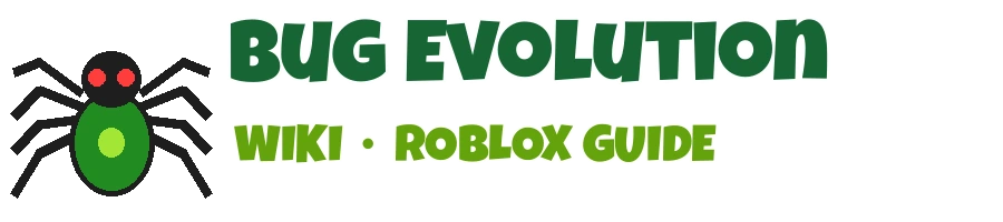 Bug Evolution Wiki logo: a green cartoon spider with red eyes next to the words Bug Evolution Wiki, Roblox Guide